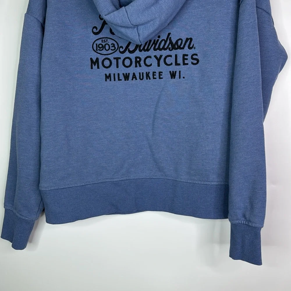 Harley Davidson Milwaukee, Wisconsin Blue Vneck Hooded Sweatshirt Size Medium - Picture 6 of 10